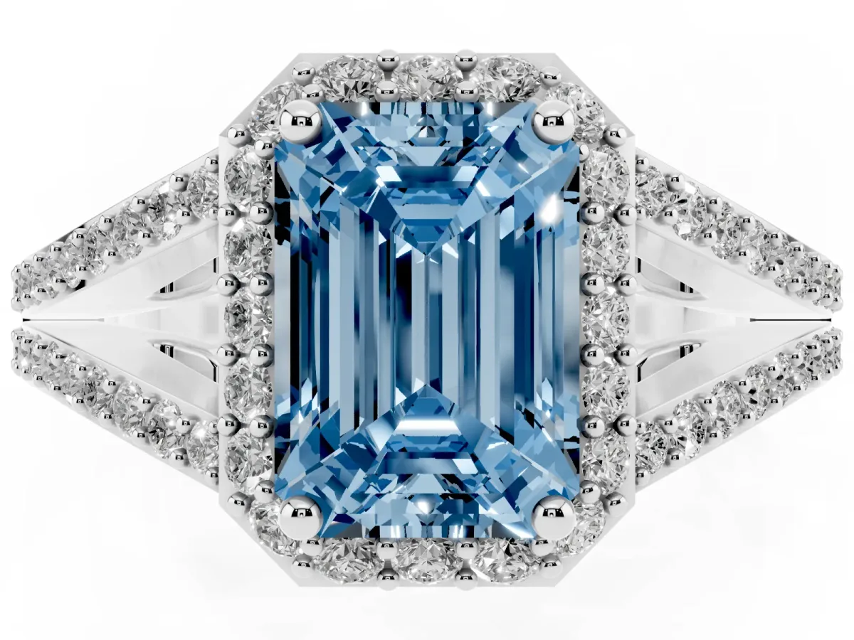 Fancy Blue Emerald Cut Halo Split Shank Diamond Ring with Prong Setting Platinum
