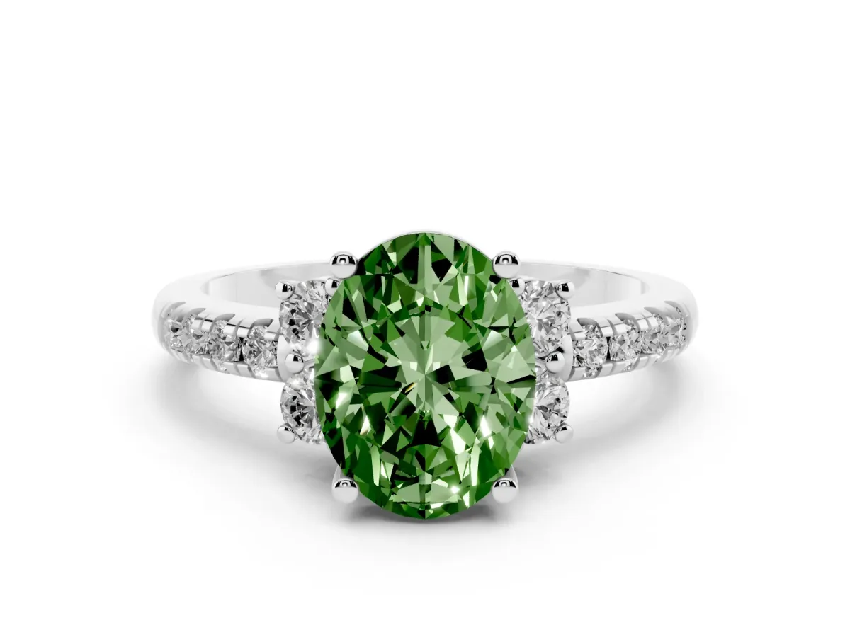 Fancy Green Oval Cut Diamond Three-Stone Pave Band with Four-Prong Setting Platinum