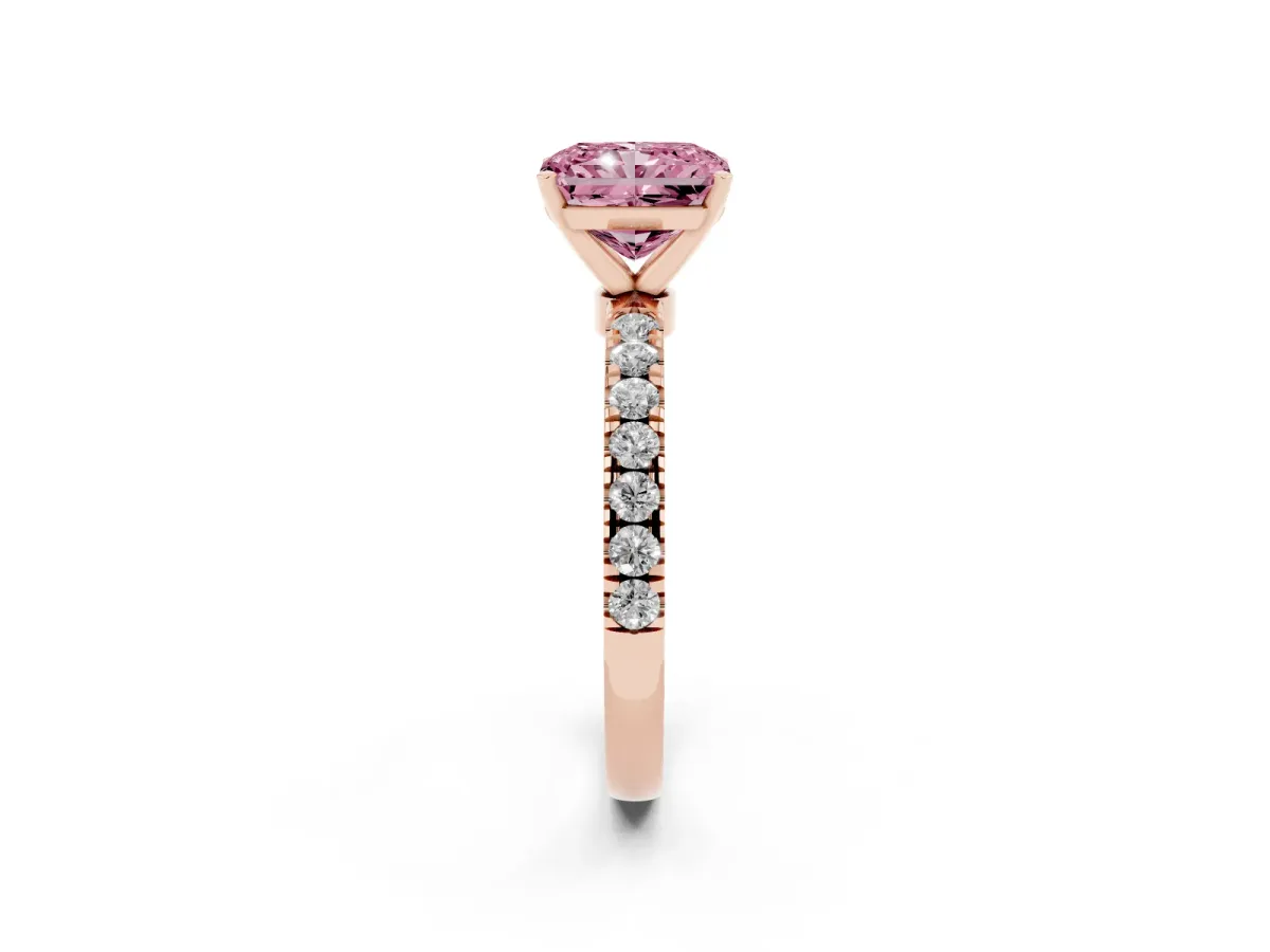 Fancy Pink Radiant Cut Diamond Solitaire Ring with Pavé Accents and Four-Prong Setting Rose gold