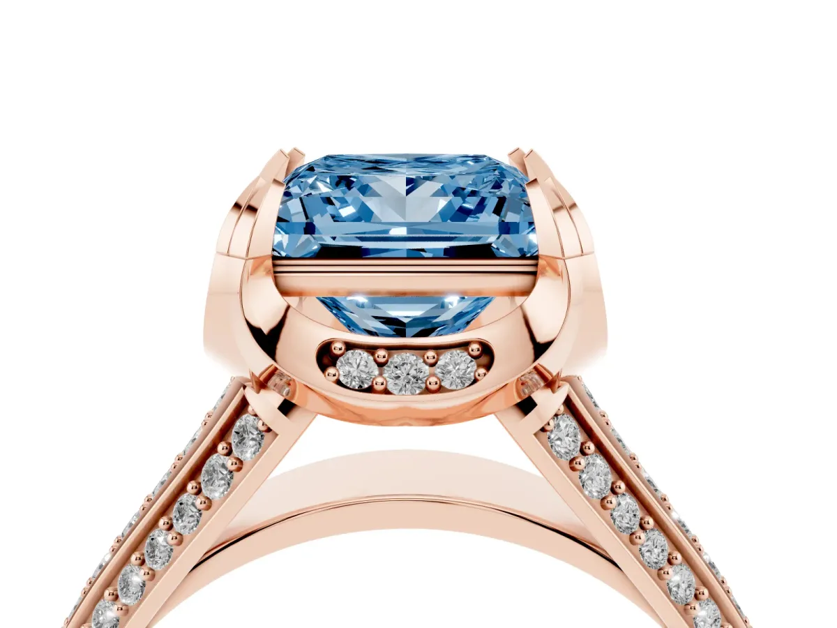 Fancy Blue Princess Cut Solitaire Pave Split Shank Ring with Four-Prong Setting Rose gold