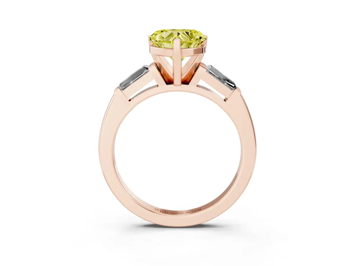 Fancy Yellow Heart Cut Solitaire with Tapered Baguette Side Stones on a Classic Band with Four-Prong Setting Rose gold