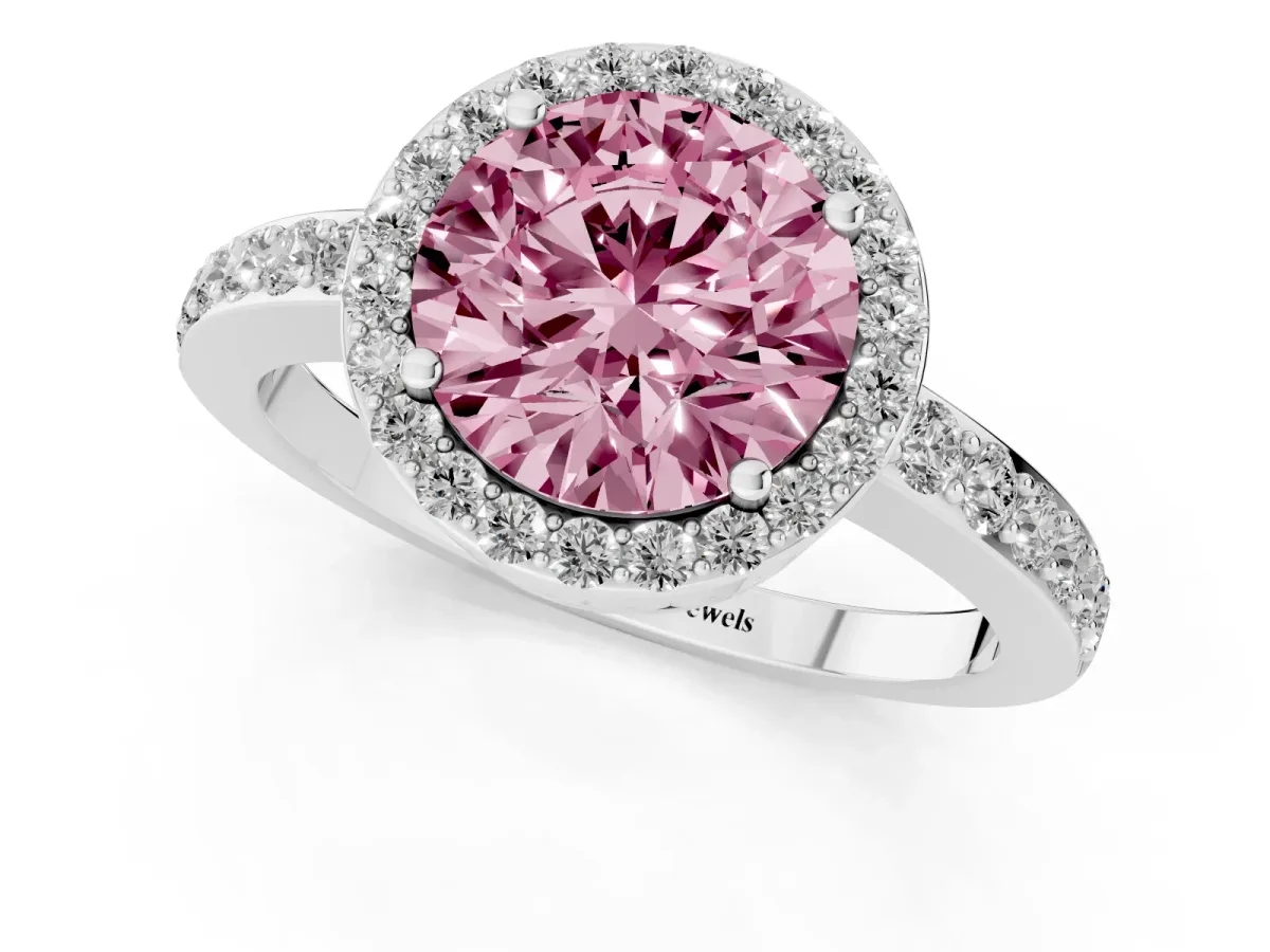 Fancy Pink Round Cut Halo Diamond Pavé Band Ring with Prong Setting Silver