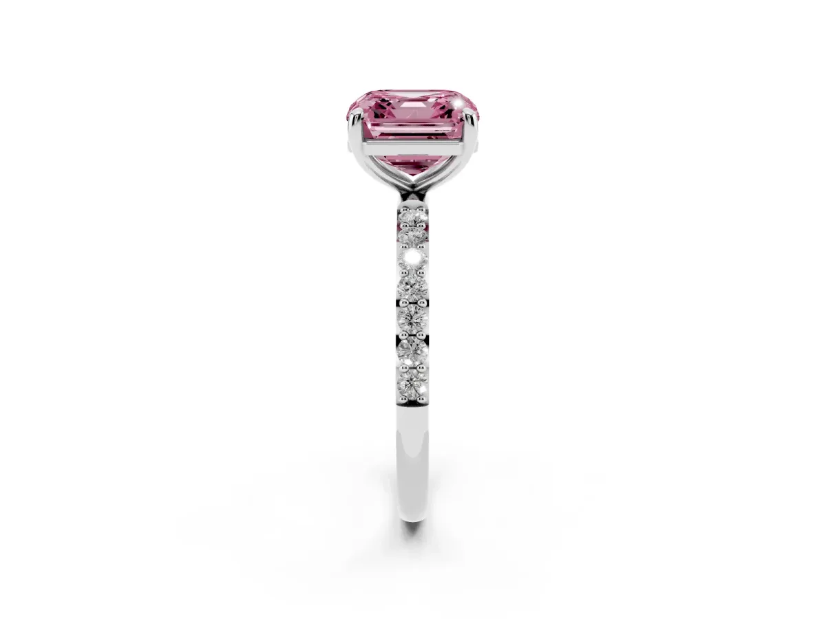 Fancy Pink Asscher Cut Diamond Solitaire Ring with Round Pavé Band and Prong Setting Silver