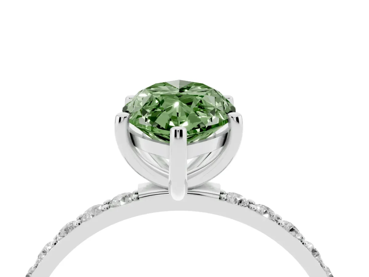 Fancy Green Marquise Cut Diamond Solitaire Ring with Round Pavé Shoulders and Prong Setting Silver