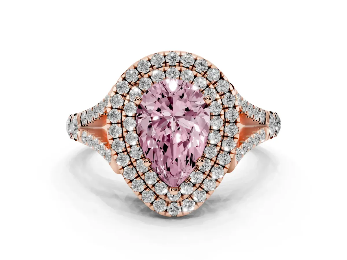 Fancy Pink Pear Cut Diamond Pavé Split Shank Double Halo Engagement Ring Rose gold