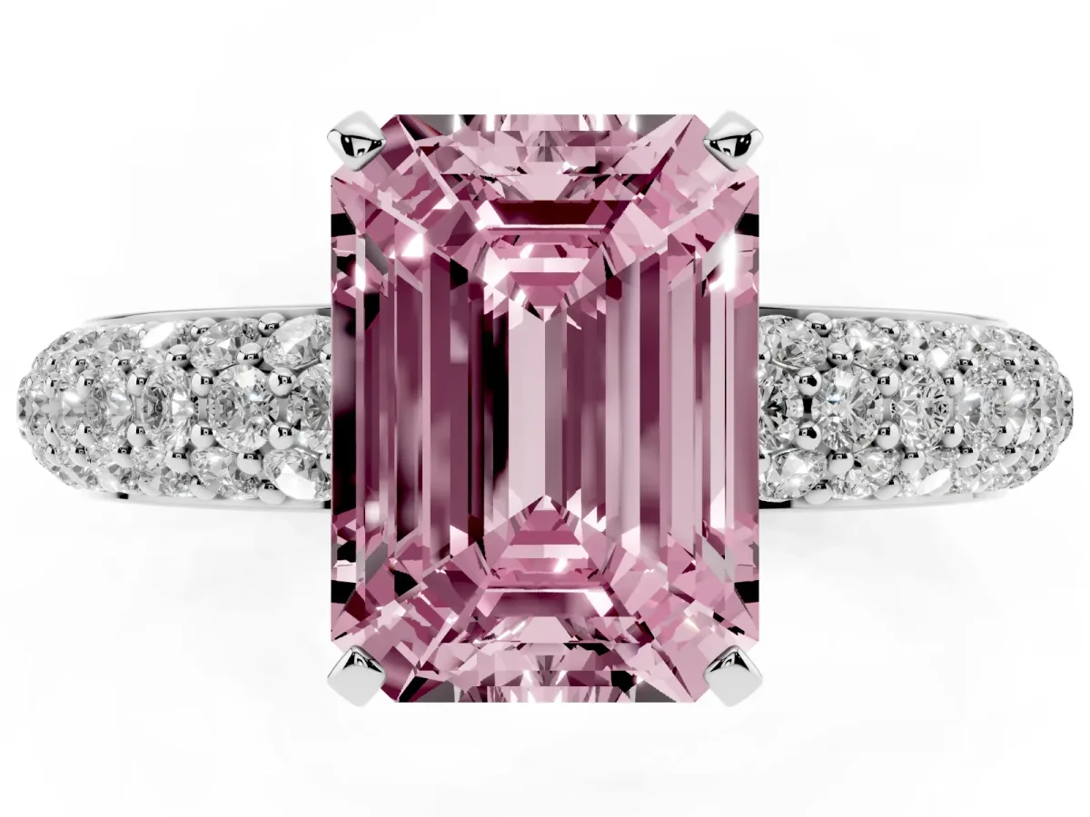 Fancy Pink Emerald Cut Diamond Solitaire Ring with Prong Setting and Pavé Band Silver
