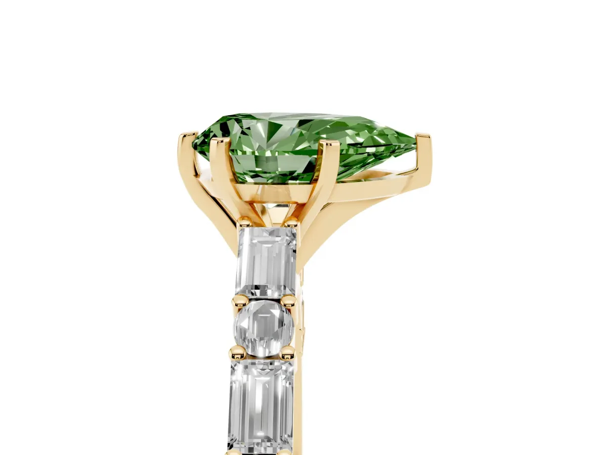 Fancy Green Pear Cut Diamond Solitaire with Side Baguettes and Channel Set Band Yellow gold