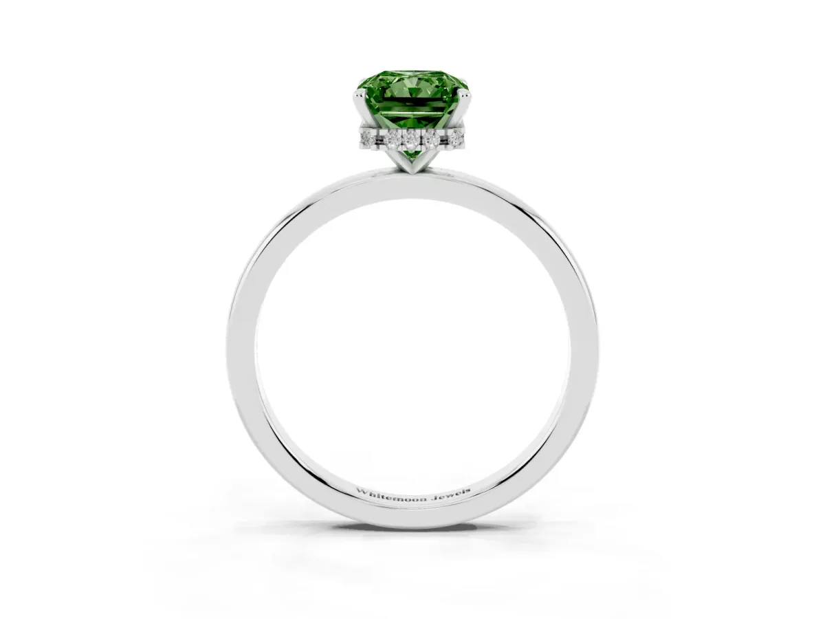 Fancy Green Radiant Cut Solitaire Engagement Ring with Cathedral Band and Four-Prong Setting Silver