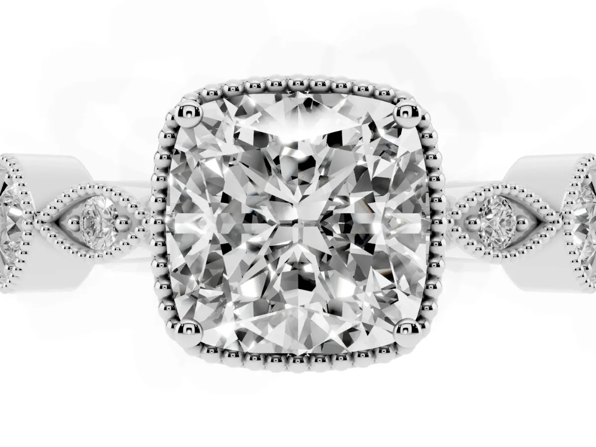 Cushion Cut Diamond Vintage Milgrain Ring with Round Stations Platinum