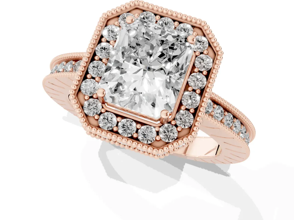 Radiant Cut Diamond Milgrain Halo Engagement Ring with Round Pavé Band and Prong Setting Rose gold