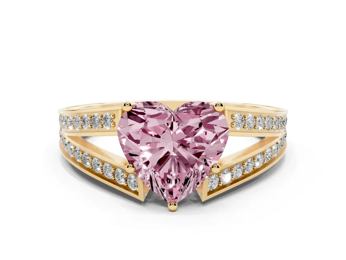Fancy Pink Heart Cut Diamond Split Shank Ring with Pavé Band and Four-Prong Setting Yellow gold