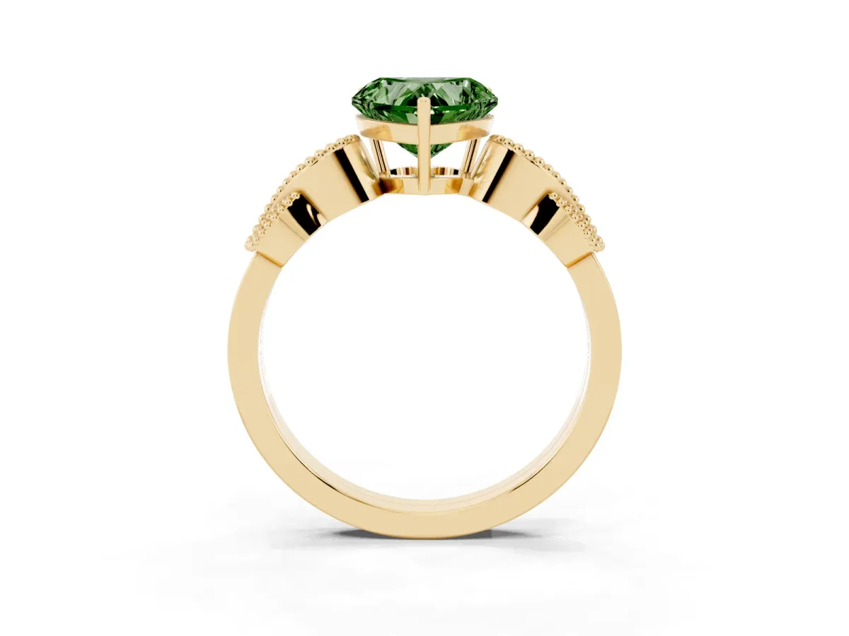 Fancy Green Heart Cut Solitaire Milgrain Leaf Band with Prong Setting Yellow gold