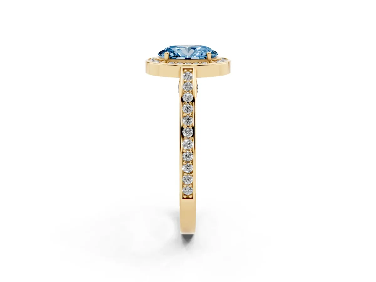 Fancy Blue Oval Cut Cut Halo Pave Split Shank Prong Setting Ring Yellow gold