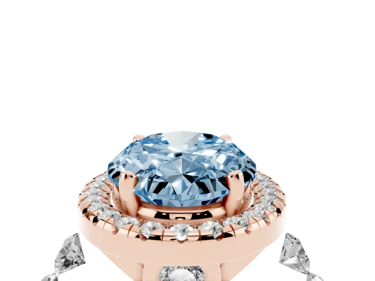 Fancy Blue Oval Cut Halo Pavé Diamond Engagement Ring with Four-Prong Setting Rose gold