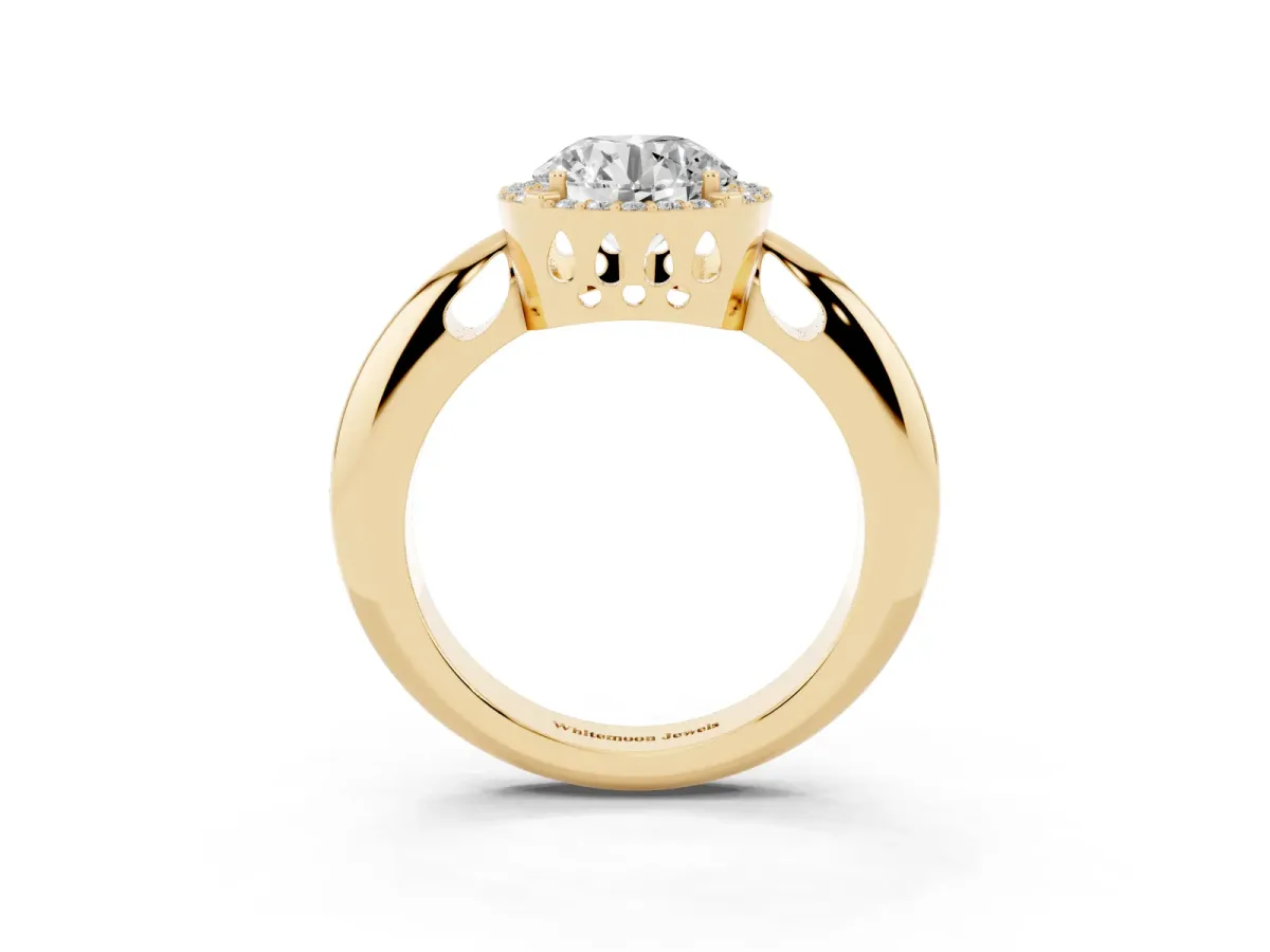 Round Cut Cut Diamond Halo Engagement Ring with Split Shank and Four-Prong Setting Yellow gold