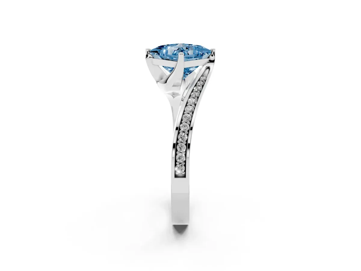 Fancy Blue Princess Cut Solitaire Diamond Twist Band with Pavé Setting and Four-Prong Setting Silver