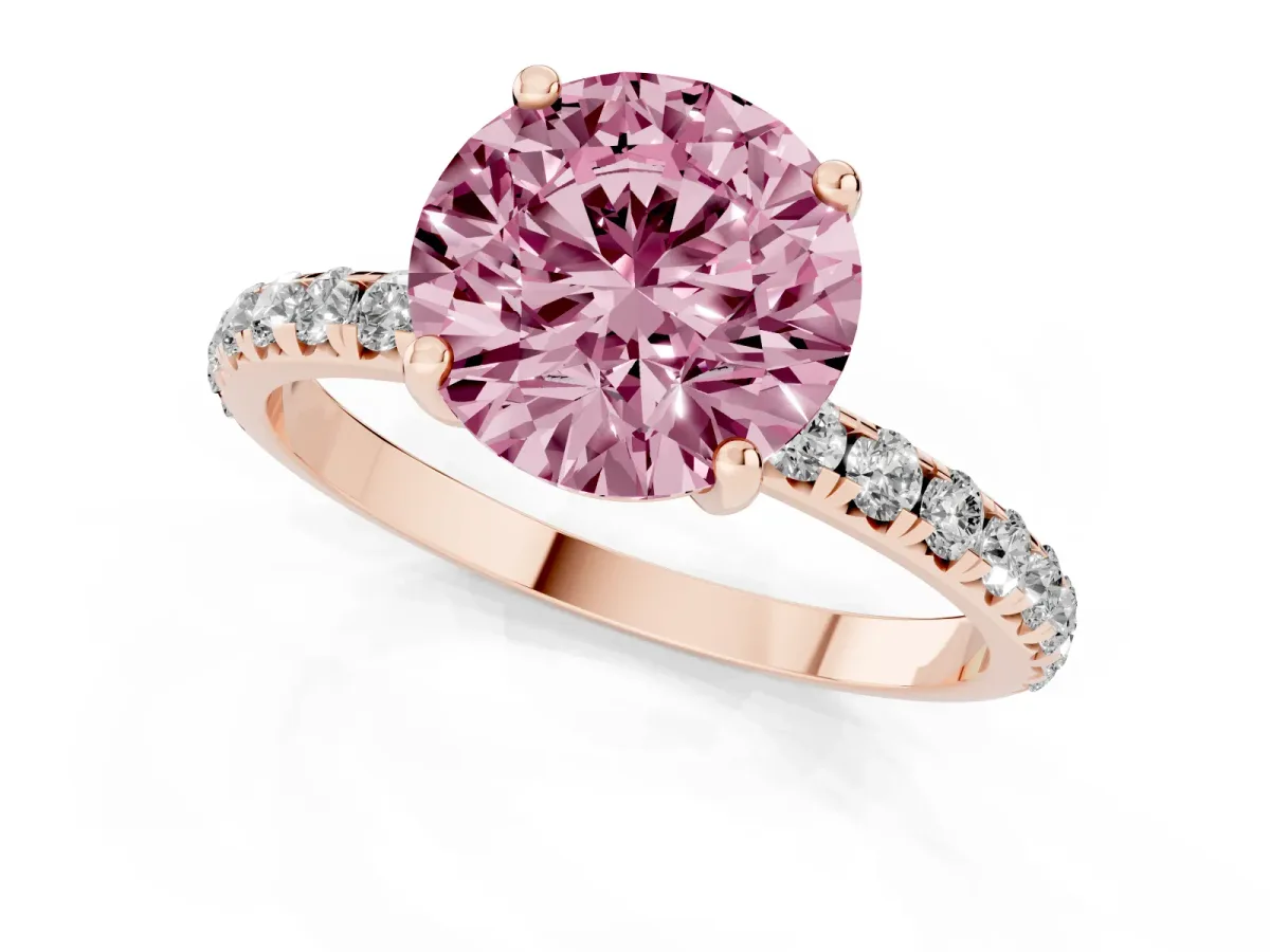Fancy Pink Round Cut Cut Diamond Solitaire Ring with Micro Pave Band and Four Prong Setting Rose gold