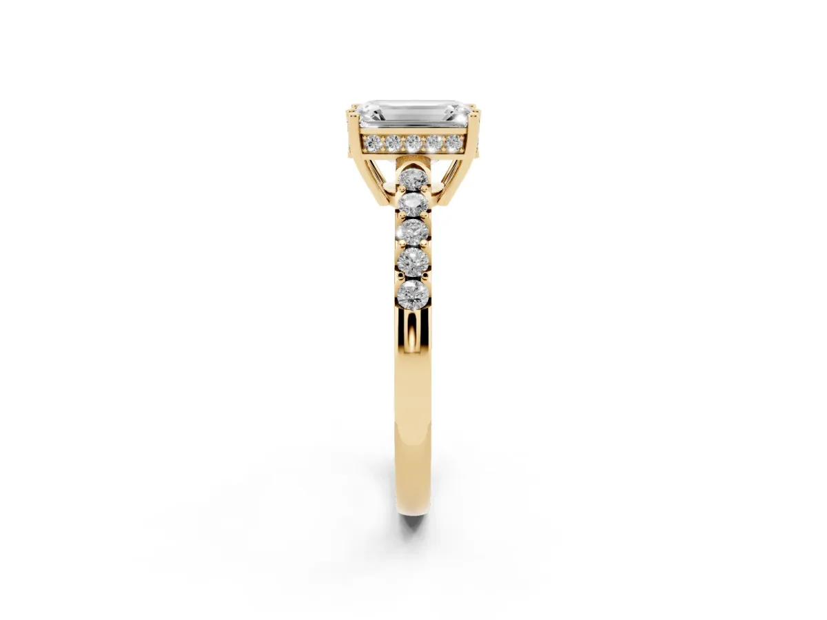 Emerald Cut Solitaire Diamond Engagement Ring with Pavé Band and Six-Prong Setting Yellow gold