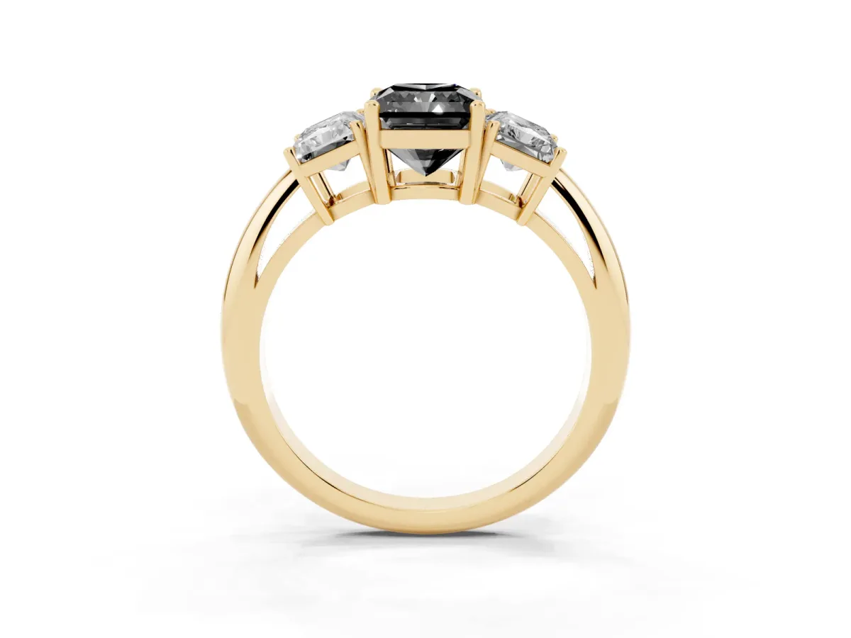 Fancy Black Three-Stone Radiant Cut Cut Diamond Engagement Ring with Prong Setting on a White Gold Band Yellow gold