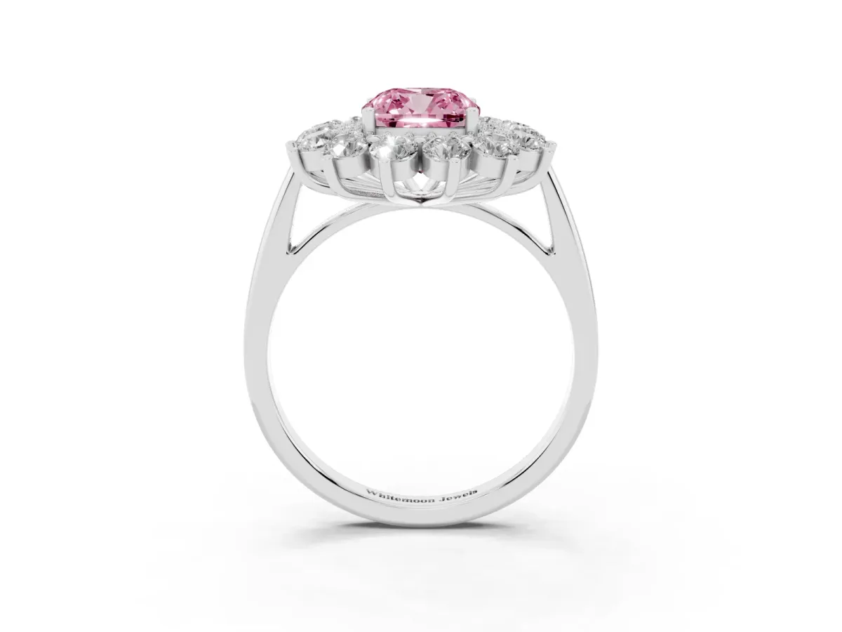 Fancy Pink Cushion Cut Diamond Floral Double Halo Engagement Ring with Prong Setting Silver