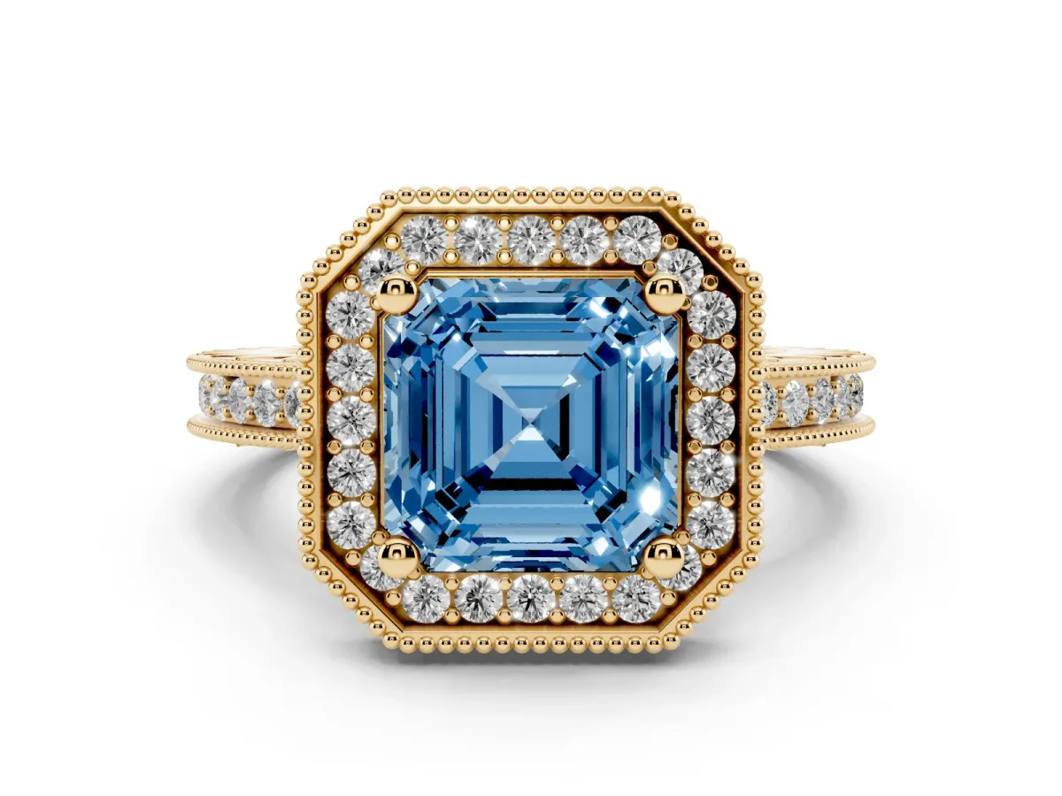 Fancy Blue Asscher Cut Diamond Milgrain Halo Engagement Ring with Round Pavé Band and Prong Setting Yellow gold