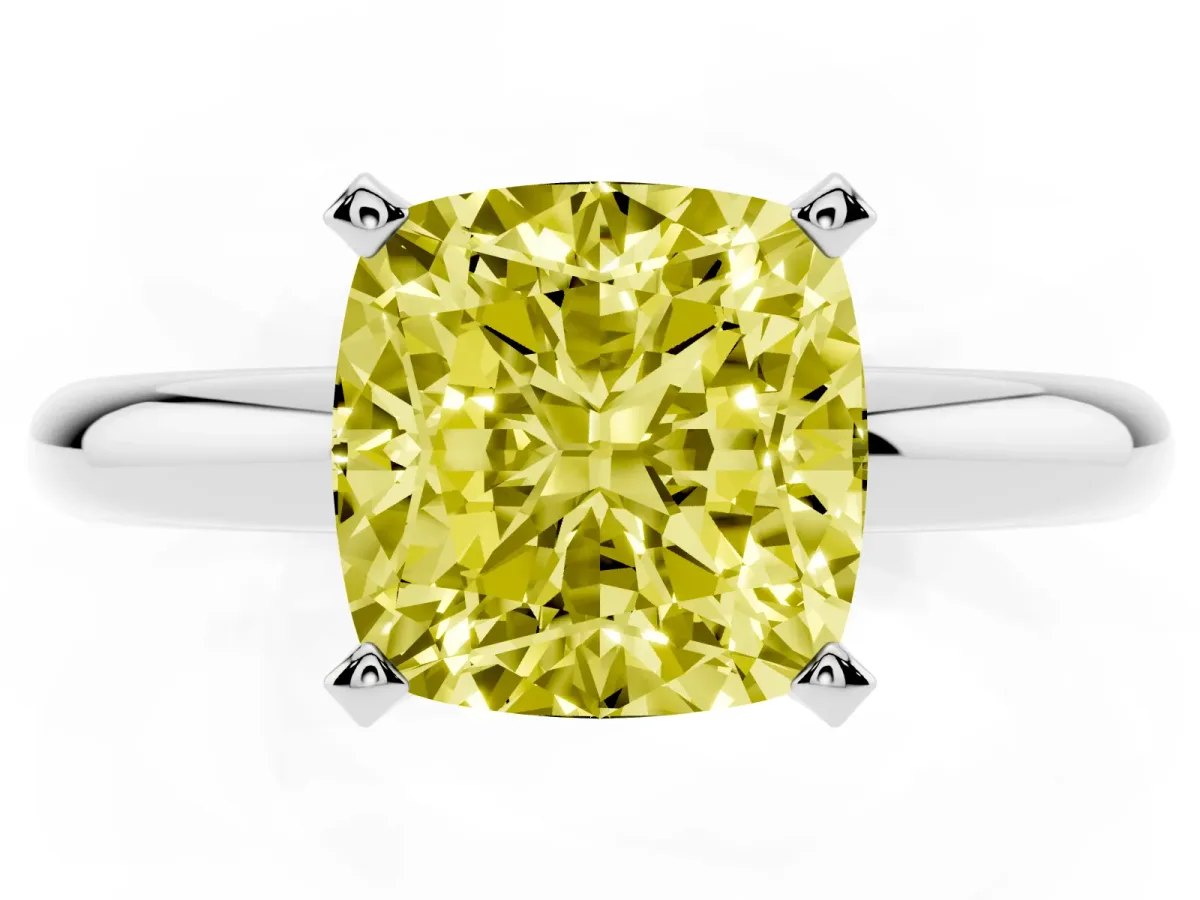 Fancy Yellow Cushion Cut Diamond Solitaire Engagement Ring with Round Band and Four-Prong Setting Platinum