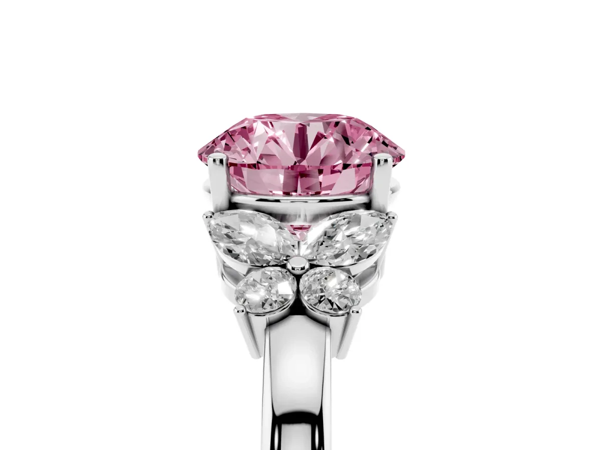 Fancy Pink Round Cut Cut Solitaire Floral Diamond Ring with Four-Prong Setting Platinum