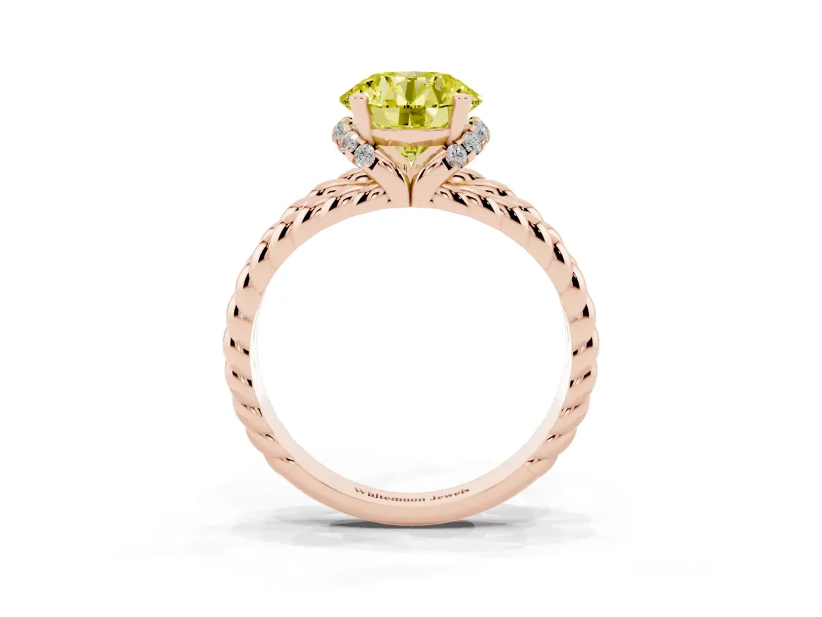 Fancy Yellow Round Cut Halo Twisted Band Four-Prong Ring Rose gold