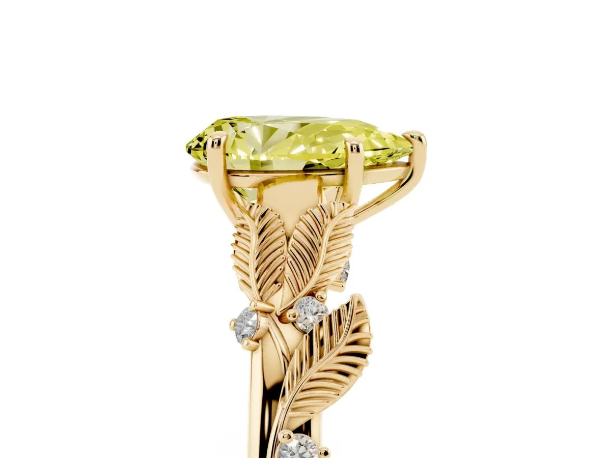 Fancy Yellow Pear Cut Diamond Solitaire Ring with Leaf Motif Band and Four-Prong Setting Yellow gold
