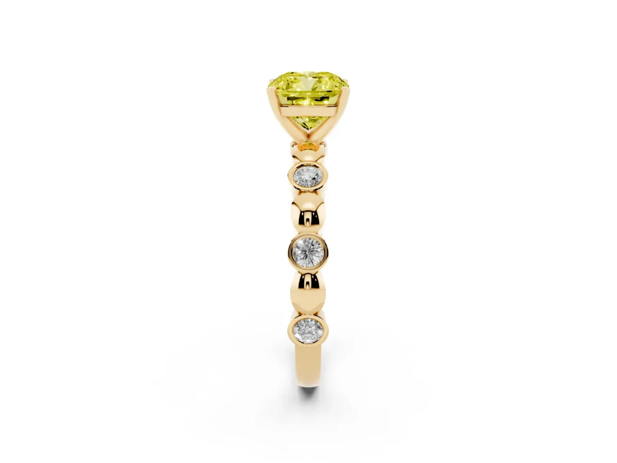 Fancy Yellow Cushion Cut Solitaire Bezel-Set Diamond Ring with Beaded Band and Four-Prong Setting Yellow gold