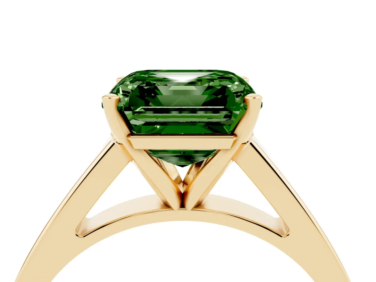 Fancy Green Asscher Cut Solitaire Engagement Ring with Four-Prong Setting and Tapered Band Yellow gold