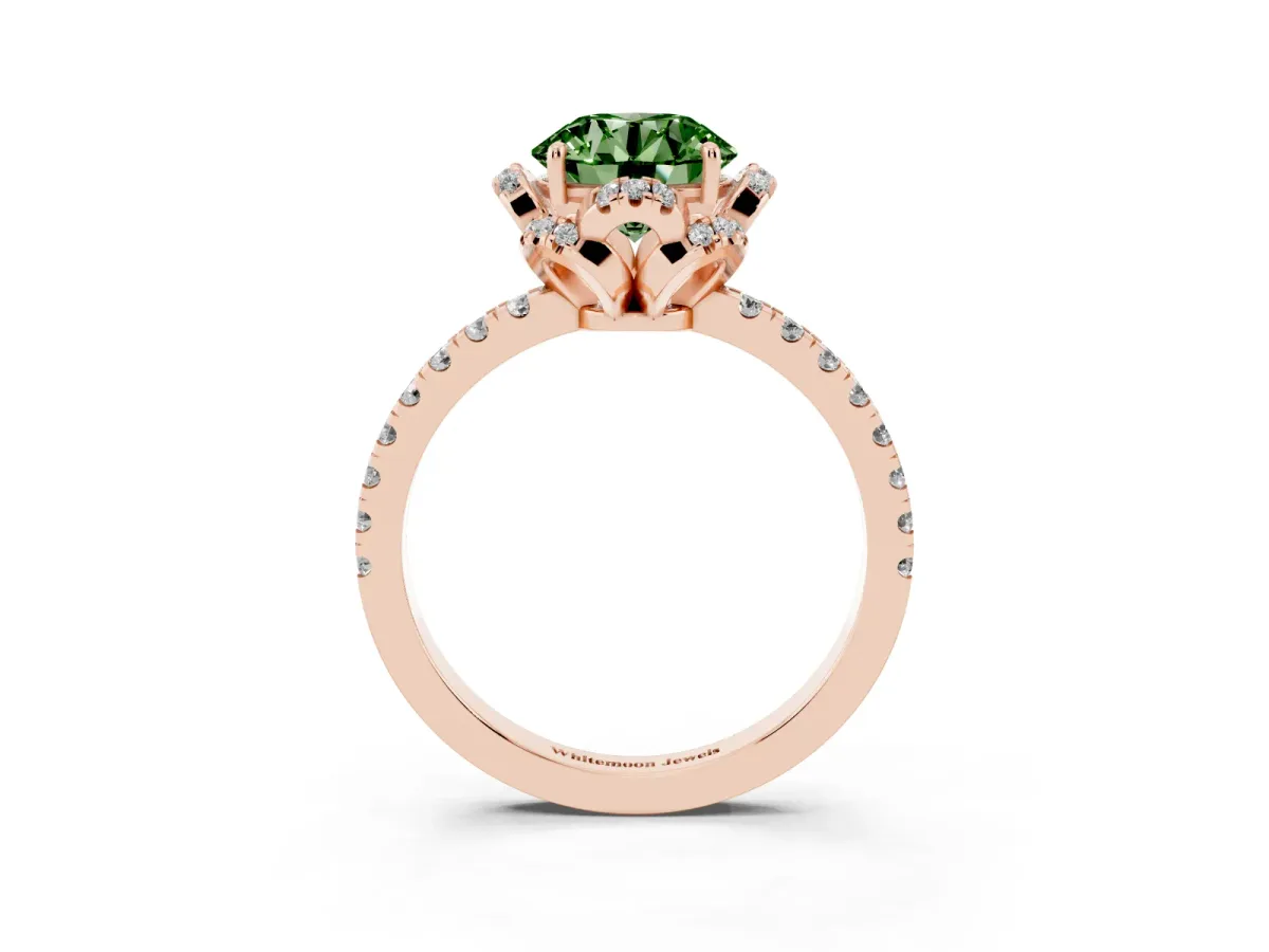 Fancy Green Round Cut Diamond Halo Pave Band with Four-Prong Setting Rose gold