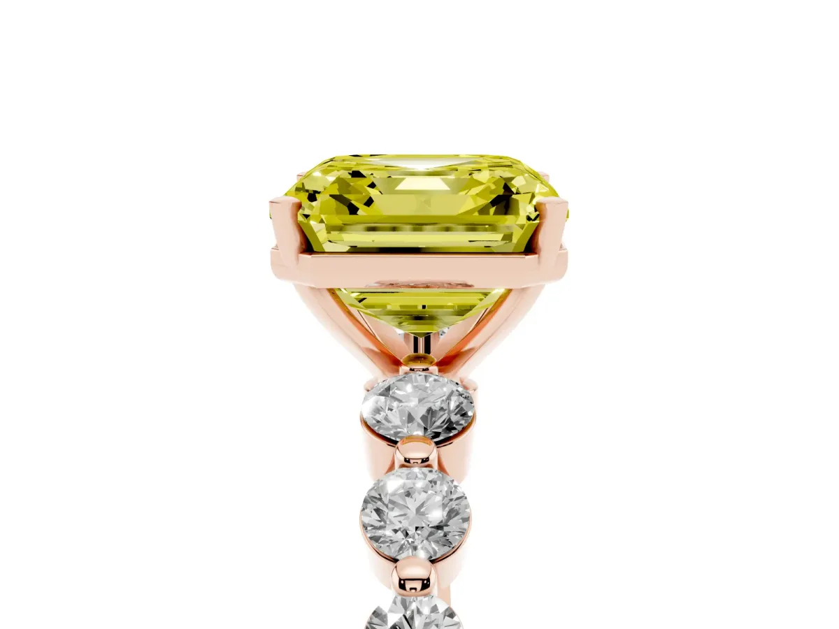 Fancy Yellow Asscher Cut Solitaire Diamond Ring with Pave Band and Four-Prong Setting Rose gold