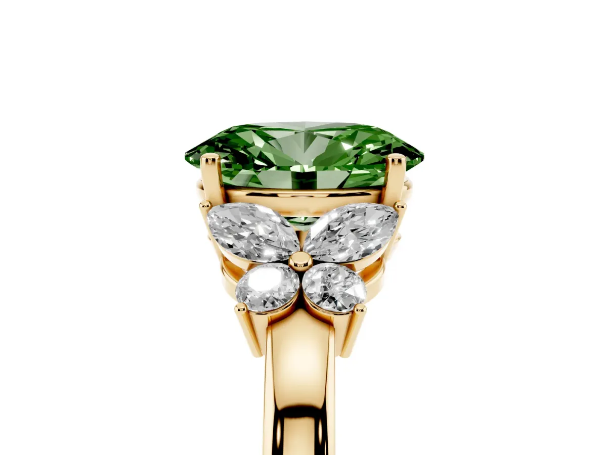 Fancy Green Oval Cut Cut Solitaire Floral Diamond Ring with Four-Prong Setting Yellow gold