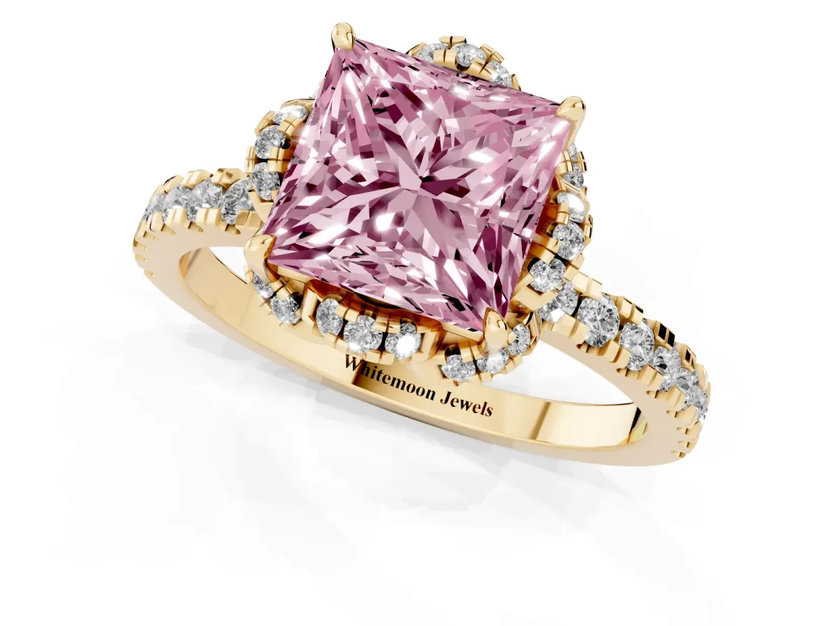 Fancy Pink Princess Cut Halo Diamond Pave Band Ring with Four-Prong Setting Yellow gold