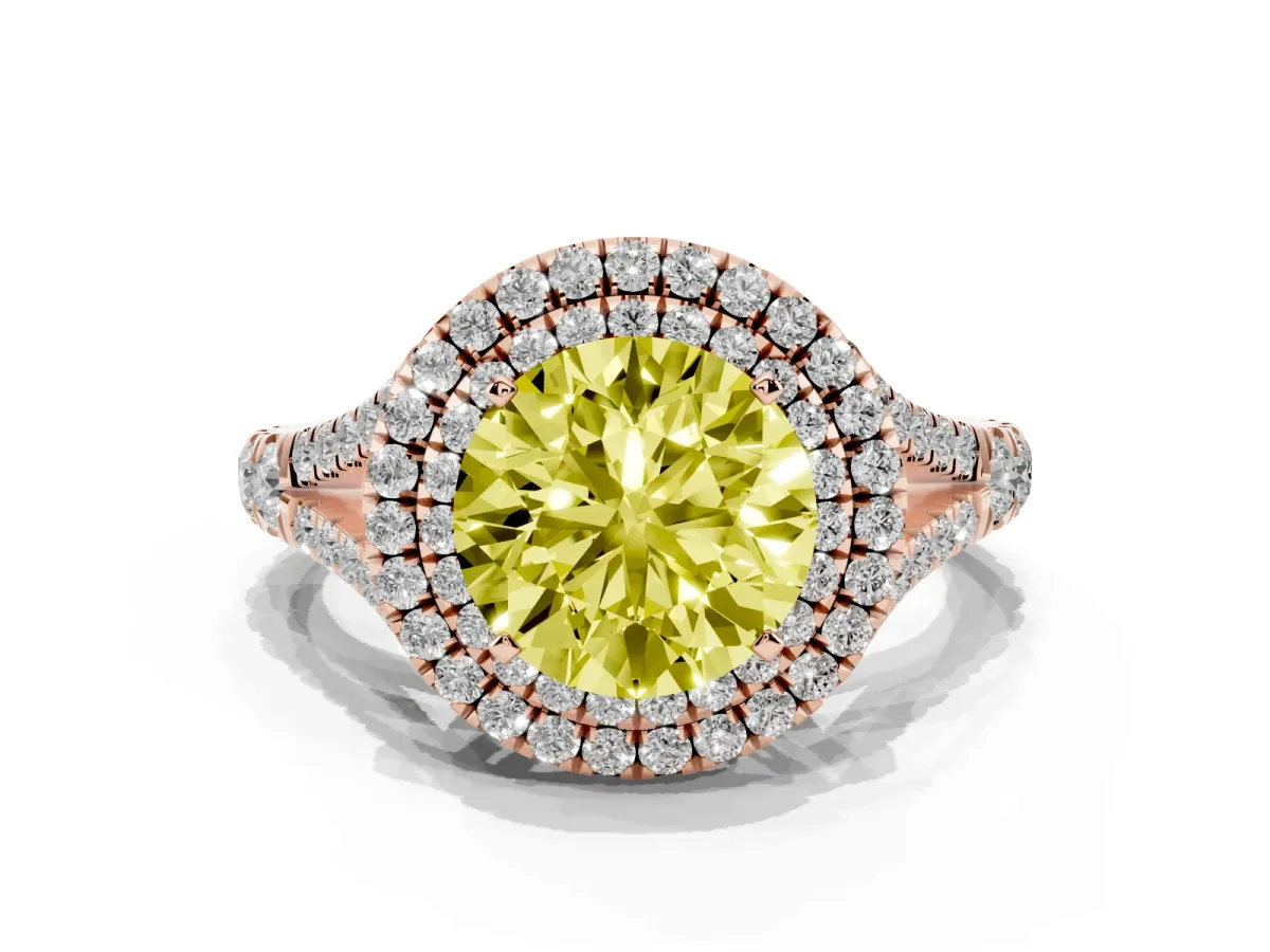 Fancy Yellow Round Cut Cut Double Halo Split Shank Diamond Ring with Prong Setting Rose gold