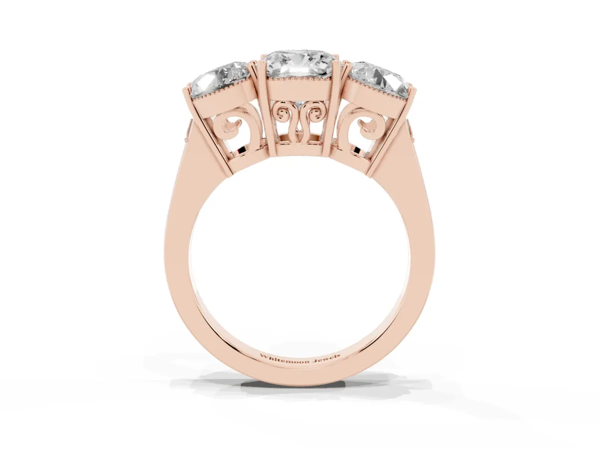 Three-Stone Cushion Cut Diamond Engagement Ring with Prong Setting on a Classic Band Rose gold