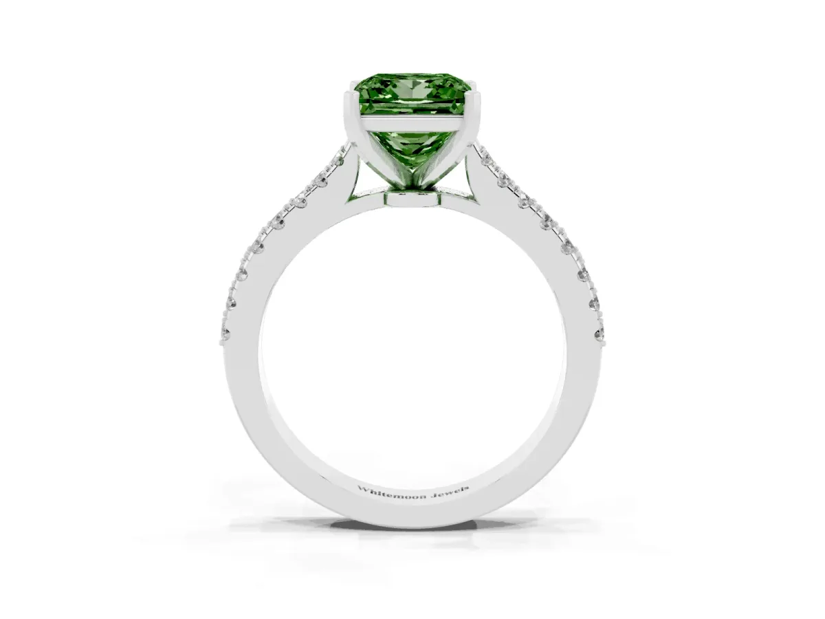 Fancy Green Princess Cut Cut Solitaire Diamond Engagement Ring with Pave Band and Four-Prong Setting Platinum