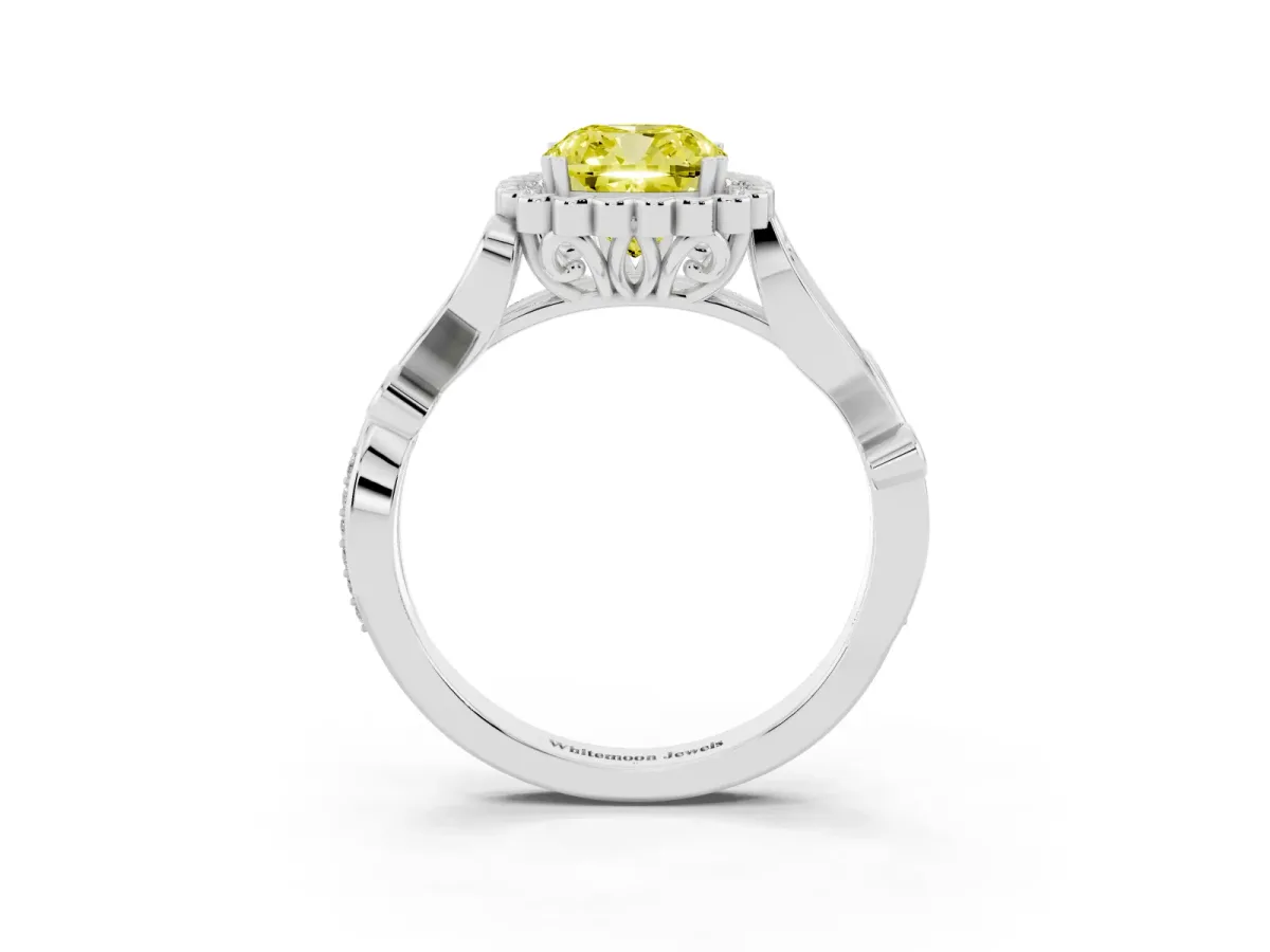 Fancy Yellow Cushion Cut Diamond Halo Ring with Vintage Split Shank and Four-Prong Setting Platinum