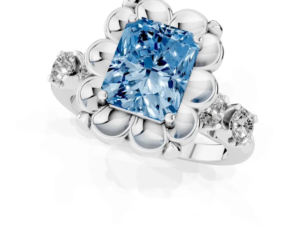 Fancy Blue Radiant Cut Cut Diamond Floral Halo Engagement Ring with Shared Prong Setting Silver