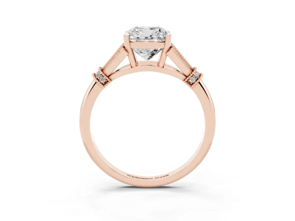Cushion Cut Diamond Solitaire Ring with Floral Filigree and Pave Accents Rose gold