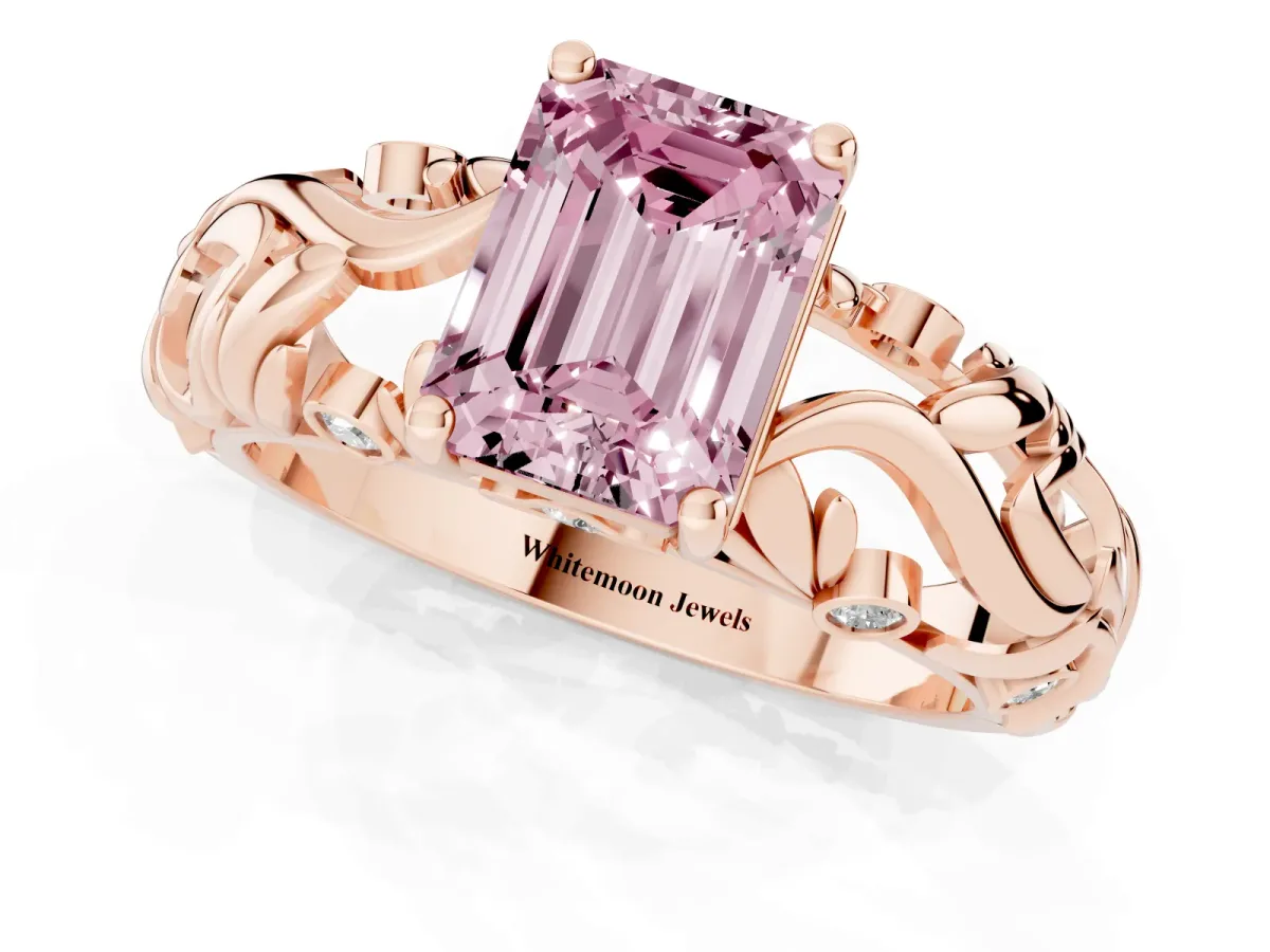 Fancy Pink Emerald Cut Solitaire Diamond Leaf-Inspired Vine Band Ring with Prong Setting Rose gold