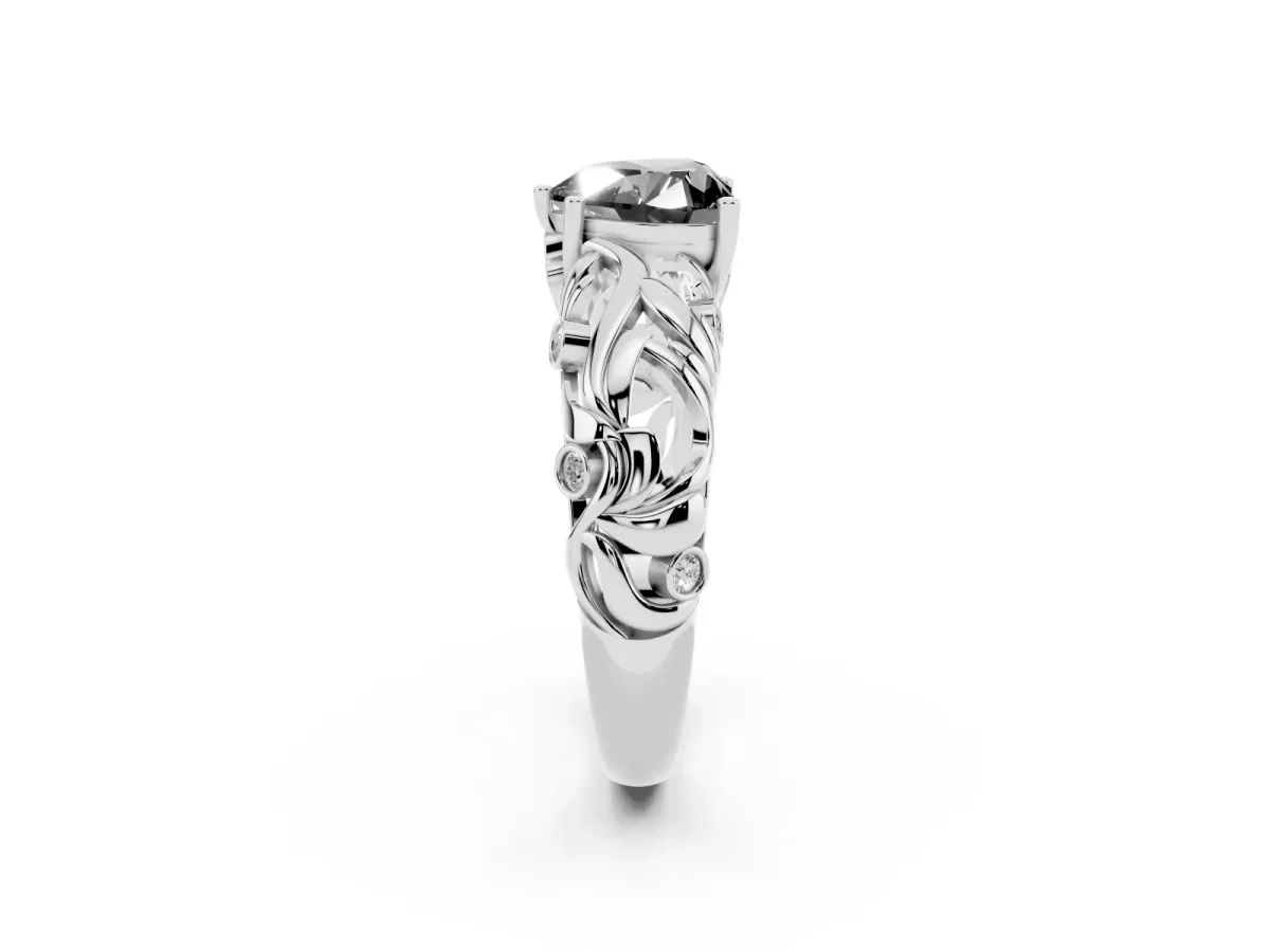 Fancy Black Heart Cut Solitaire Diamond Leaf-Inspired Vine Band Ring with Prong Setting Silver