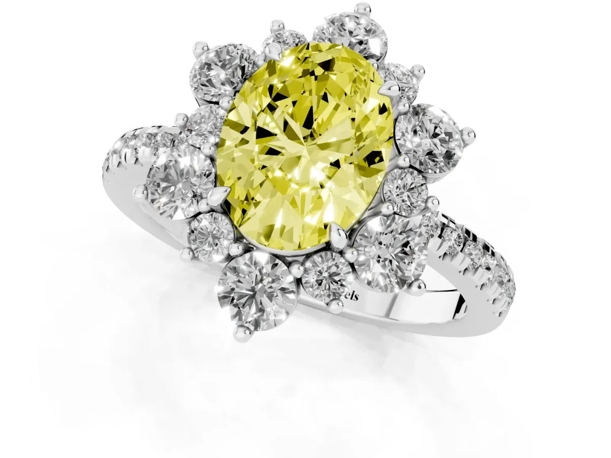Fancy Yellow Oval Cut Diamond Floral Halo Ring with Round Pavé Band and Prong Setting Silver