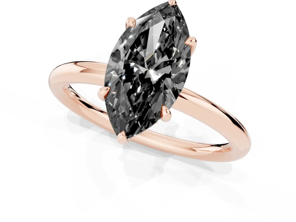 Fancy Black Marquise Cut Diamond Solitaire Ring with Thin Band and Four-Prong Setting Rose gold