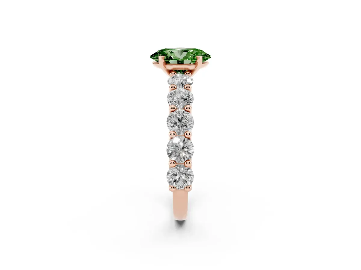 Fancy Green Oval Cut Diamond Prong Setting with Side Stones on a Pave Band Rose gold