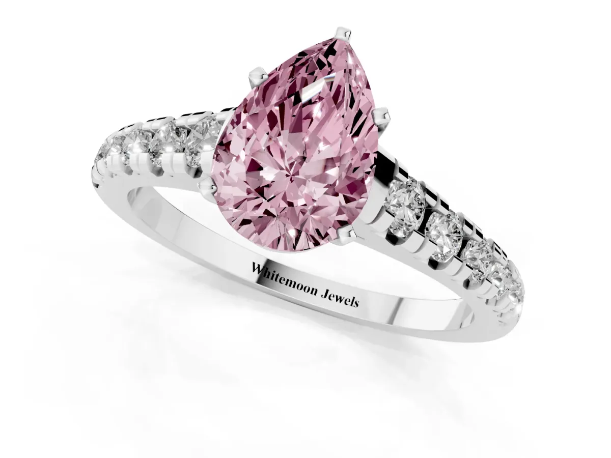 Fancy Pink Pear Cut Diamond Cathedral Solitaire Ring with Round Pavé Band Silver