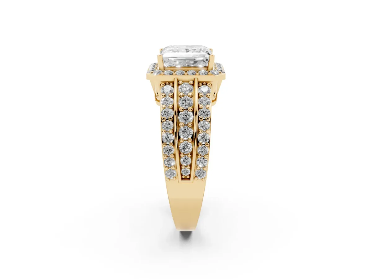 Princess Cut Halo Diamond Ring with Round Split Shank and Prong Setting Yellow gold
