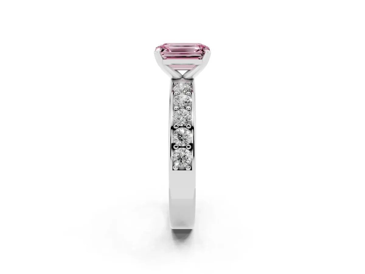 Fancy Pink Emerald Cut Diamond Engagement Ring with Channel Set Round Band and Prong Setting Platinum