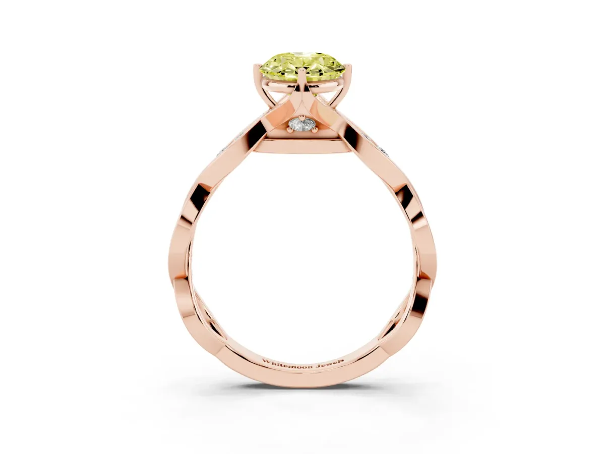 Fancy Yellow Oval Cut Solitaire Twist Band with Leaf Prong Setting Rose gold